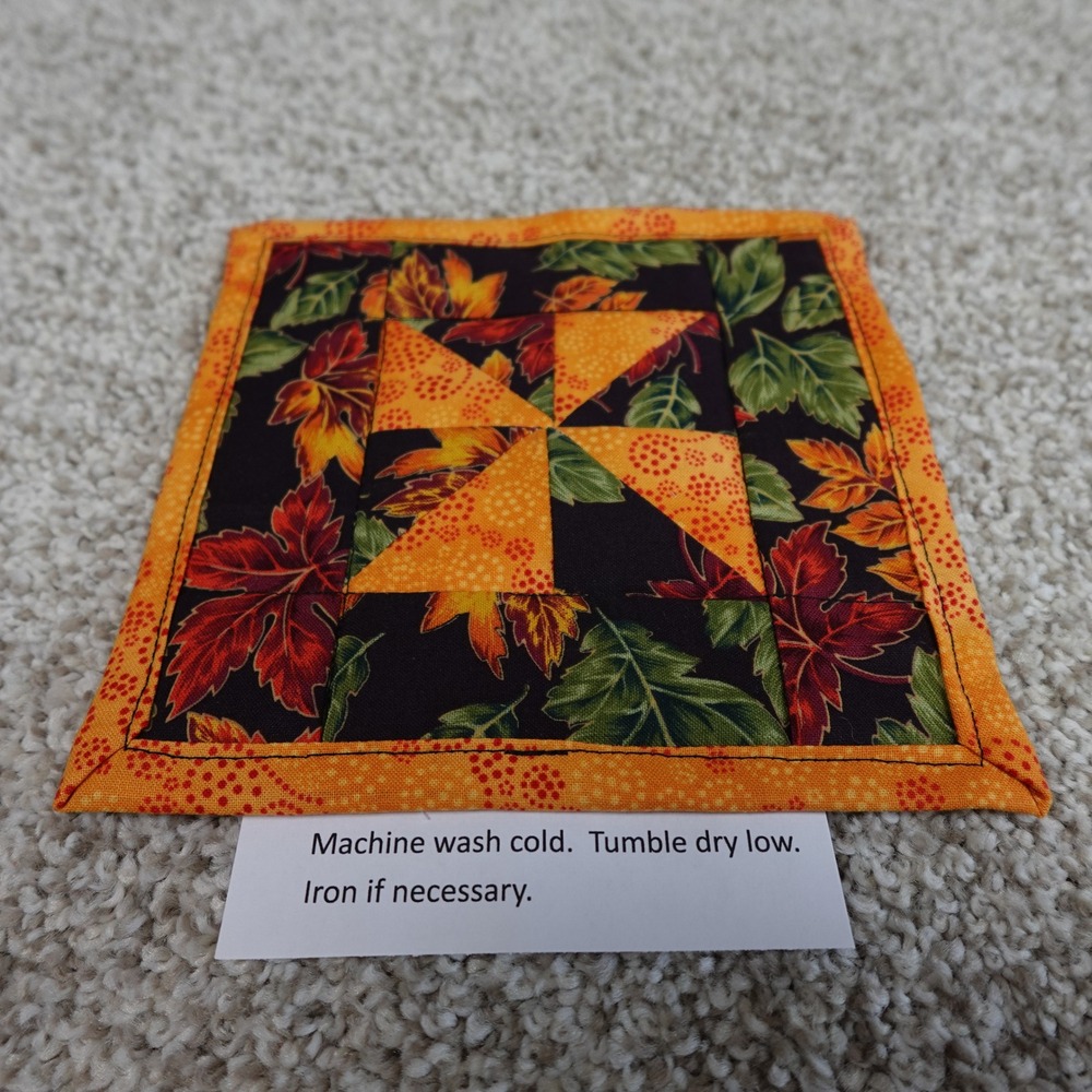 Handmade Quilted Mug Rug Set 2 Dark Fall Leaves Pinwheel Cotton Coasters 6.5in - Picture 4 of 7